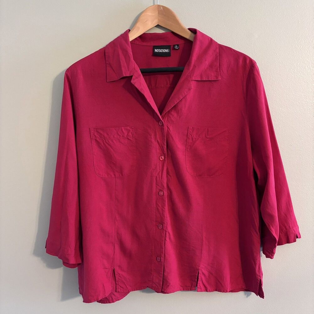 Notations 100% Silk Button Down Shirt 3/4 Sleeves Blouse XL Red Classy Holiday